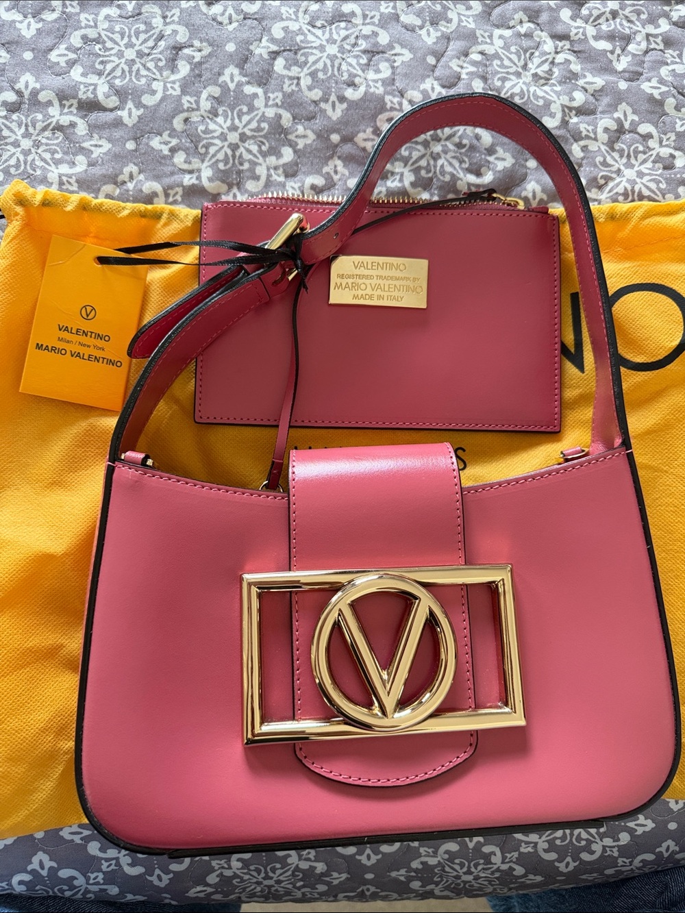 Valentino Pink Leather Shoulder Bag with Gold V Logo